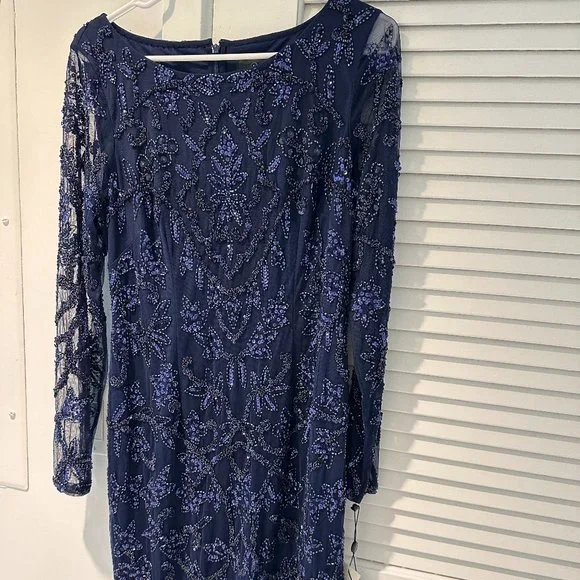 Adrianna Papell Womens Beaded Floral Cocktail Dress Navy 10